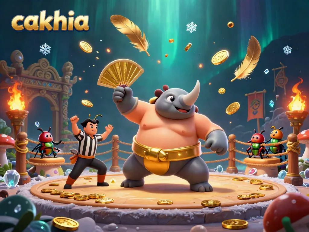 Cakhia platform featuring live sports betting excitement with a lively rhinoceros beetle champion illustration.