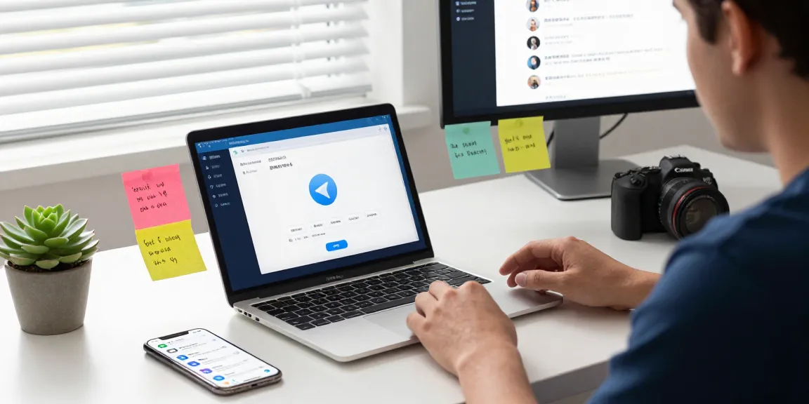 Using Telegram Chinese interface in a modern workspace for effective communication.