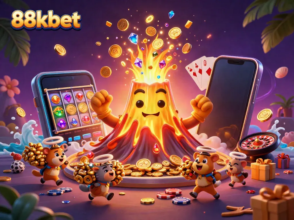 Experience excitement with 88kbet as a golden volcano erupts coins and treasure in a vibrant casino scene.
