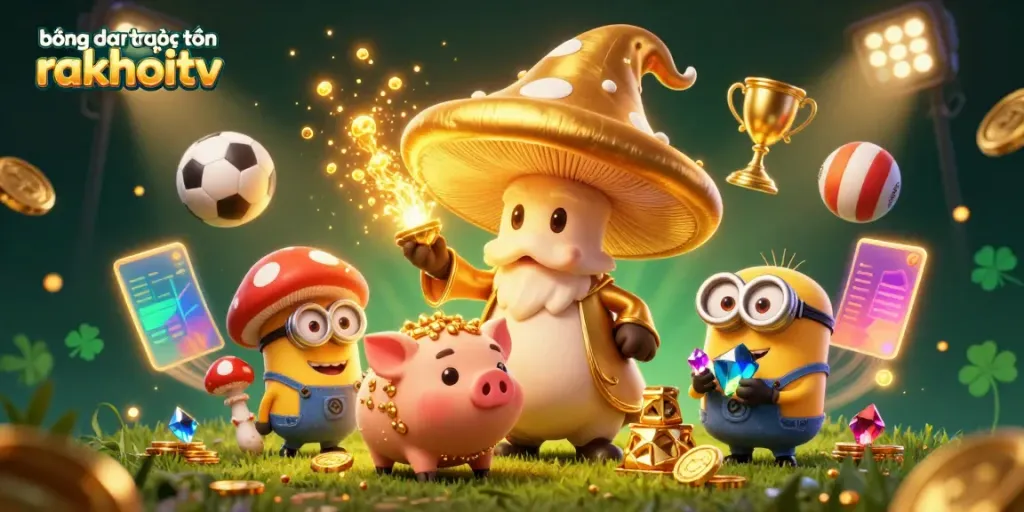 Experience the excitement with bóng đá trực tuyến rakhoitv in this vibrant 3D scene of a wizard and treasures.