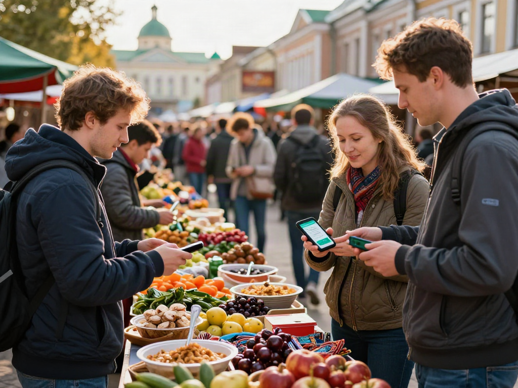 Exploradores en un mercado ruso usando https://payinrussia.com/ para realizar compras, rodeados de productos tradicionales y vendedores locales.