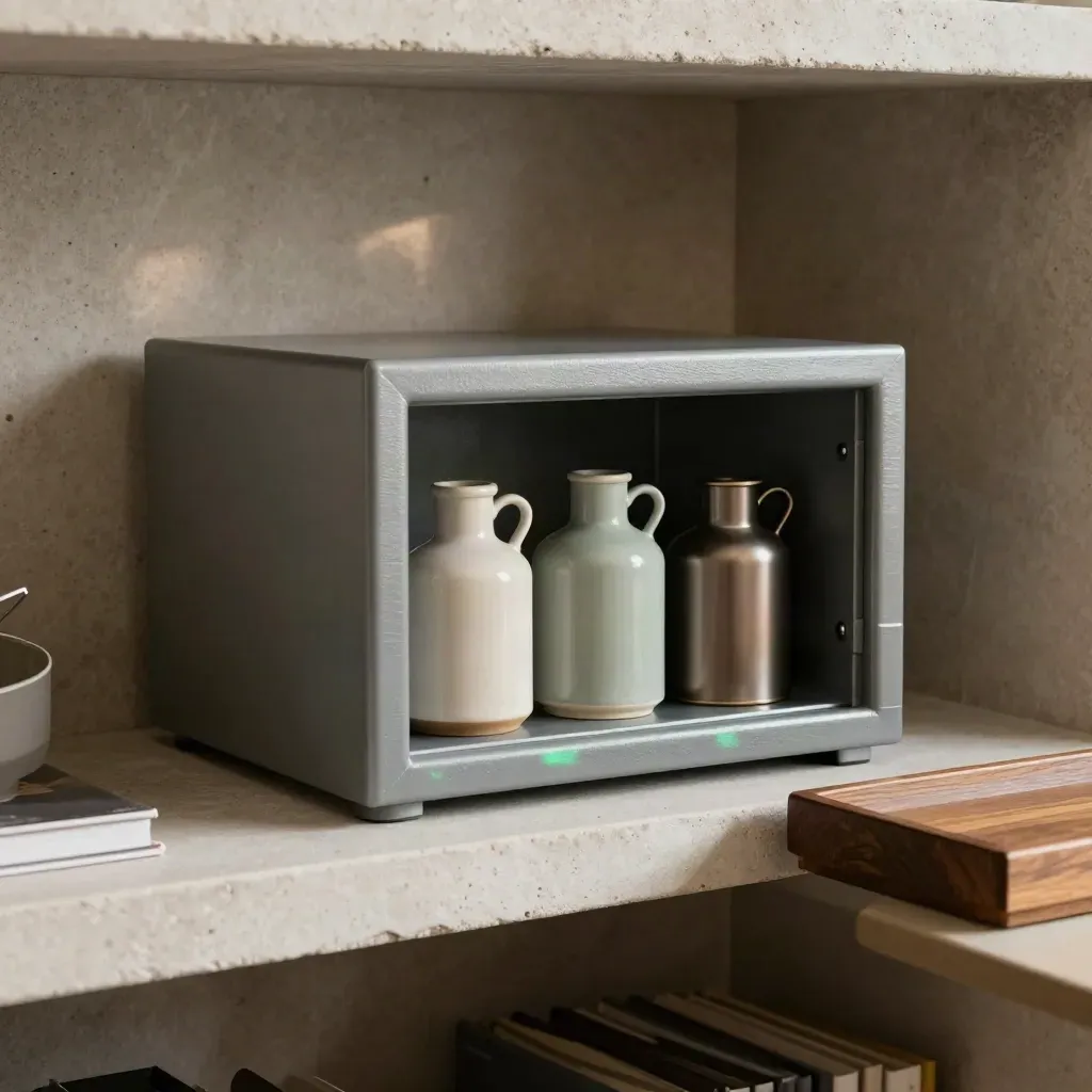 Safebox och tre reservkärl på en ljus Uppsala-hylla