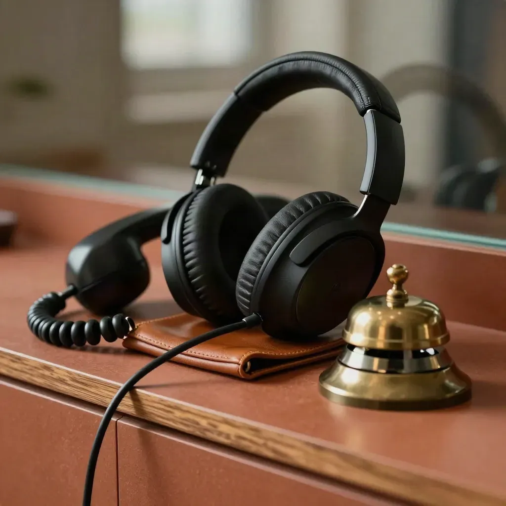Headset på läderställ, telefonlur och mässingsklocka på terrakottafärgad bänk