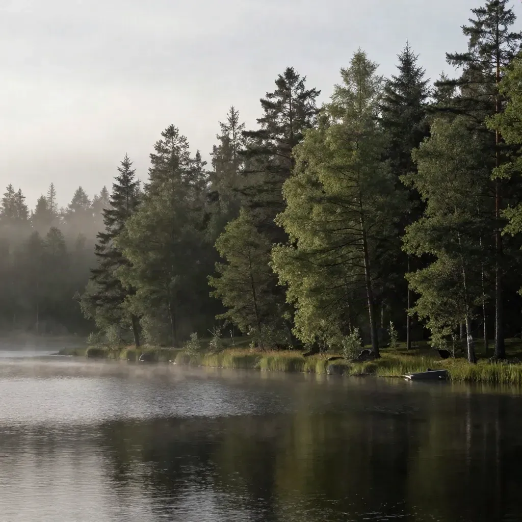 Tallskog och blank sjö i dimma över svensk inlandshorisont.