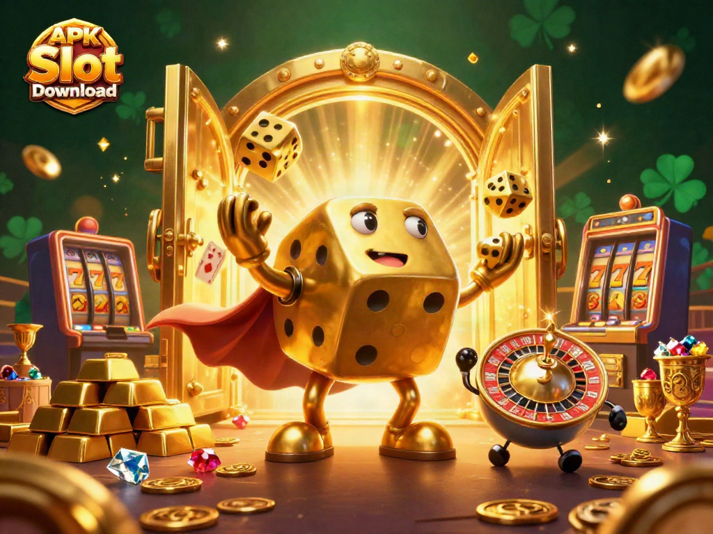 Experience excitement with APK Slot Download, featuring dynamic dice juggling and vibrant casino elements.