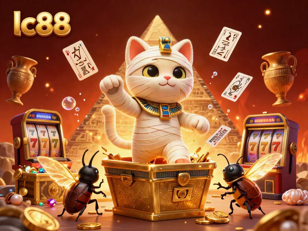 Experience excitement at lc88 with a mummy cat and golden scarab in a vibrant casino scene filled with treasures.
