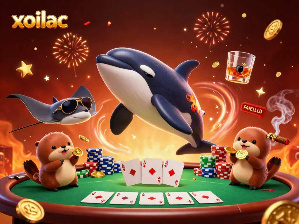 Experience the excitement of gambling with xoilac's vibrant 3D orca and sea creatures among poker cards and chips.