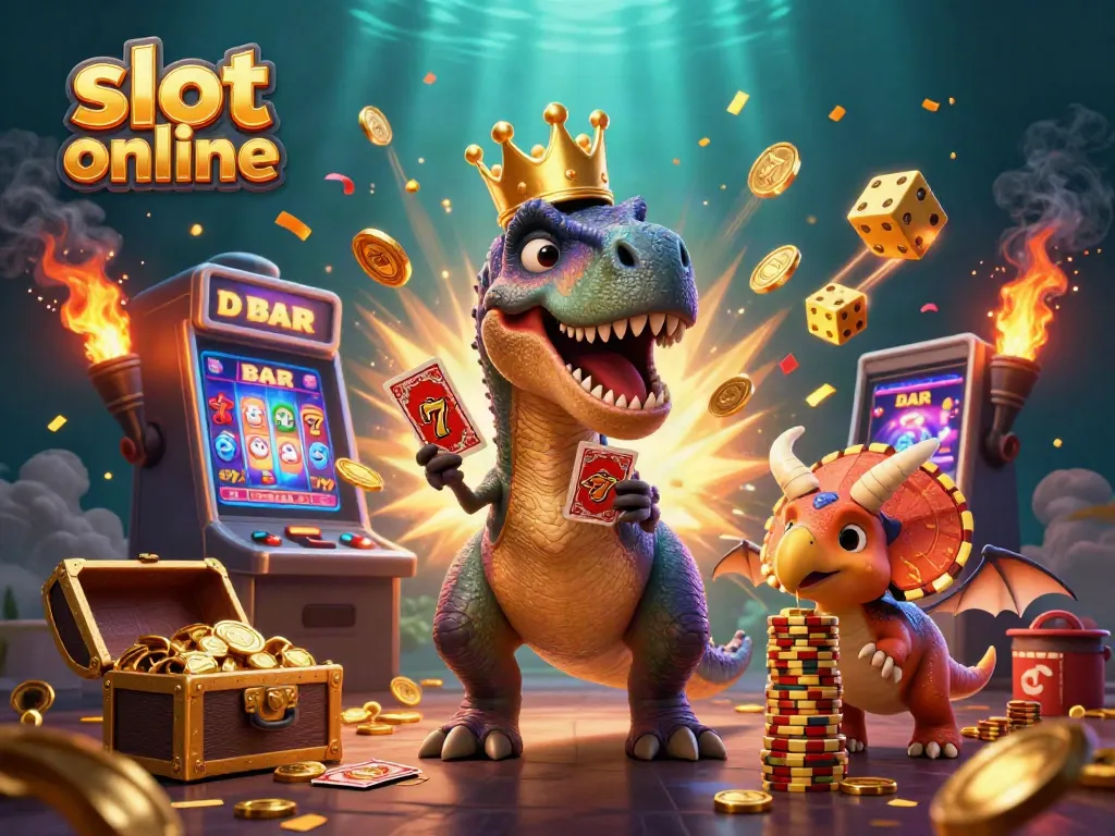 Join the fun with slot online as the T-Rex shuffles cards amidst flying symbols and golden chips.