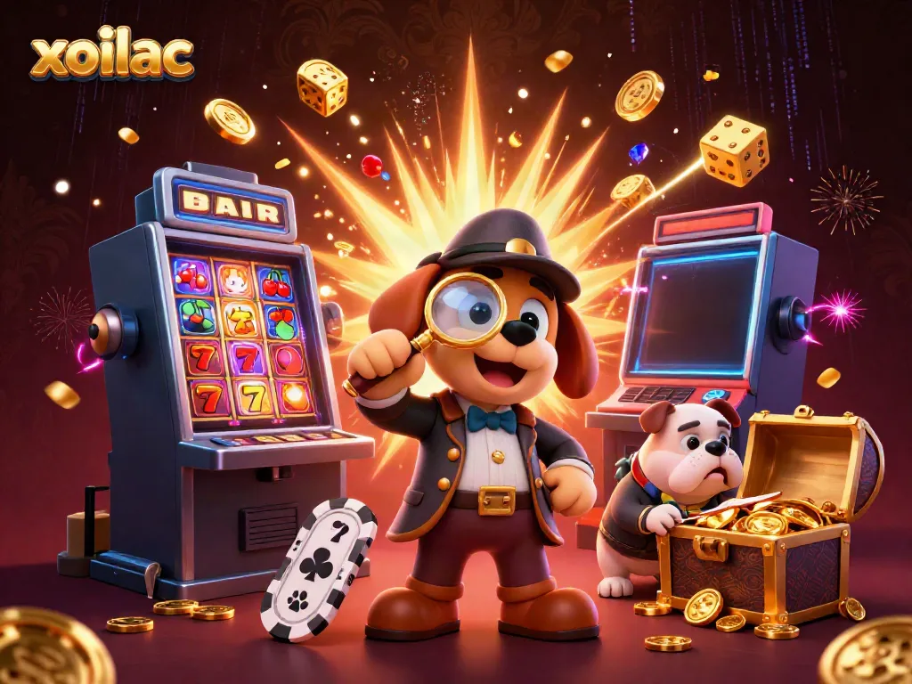 Examine golden poker chip clues in a casino scene with xoilac characters and vibrant game elements.