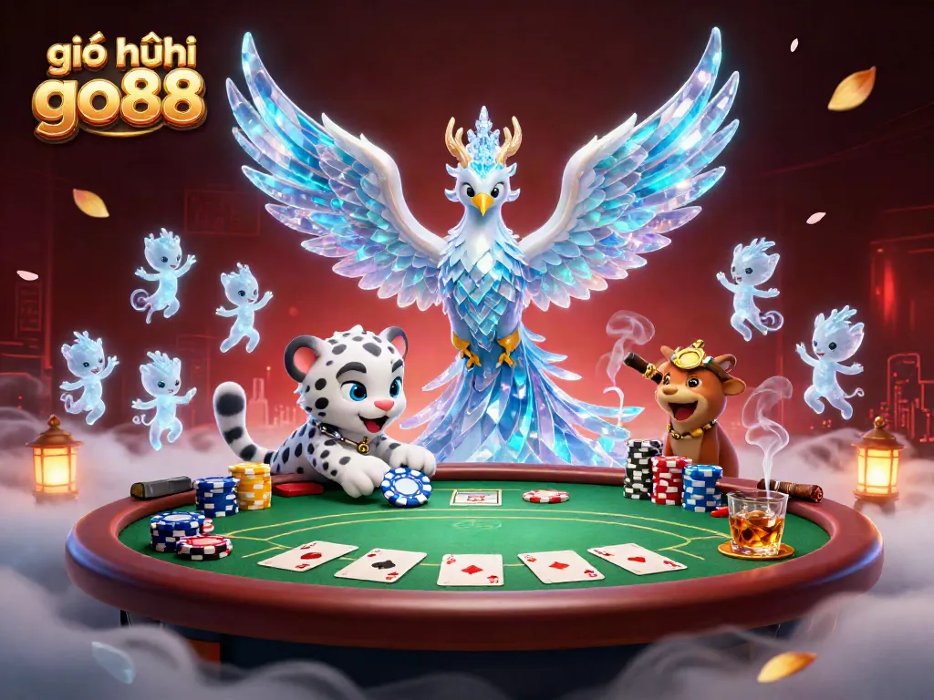 Engage with giới thiệu go88, featuring an ice phoenix and poker elements illuminating the casino atmosphere.