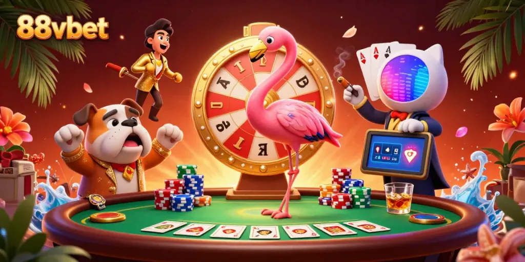 88vbet showcases a vibrant 3D cartoon scene with game characters engaging in exciting gambling activities.