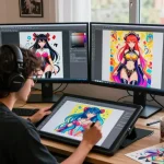 Artist creating spectacular AI hentai illustrations on touchscreen tablet in modern art studio.