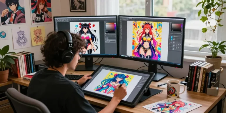 Artist creating spectacular AI hentai illustrations on touchscreen tablet in modern art studio.