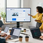 Collaborative team discussing the WPS Official Website in a modern office