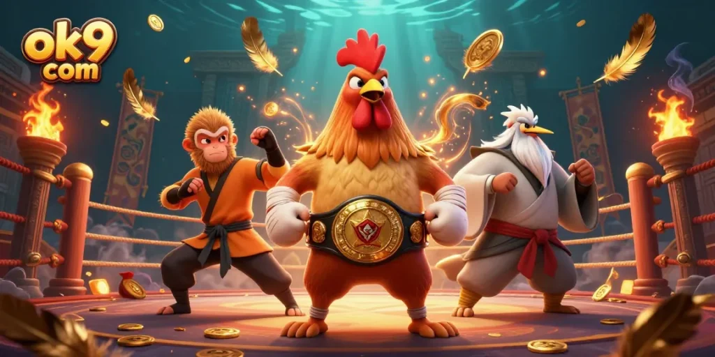 Engage in thrilling action with ok9 com showcasing a fierce Muay Thai rooster and inspiring martial artists.