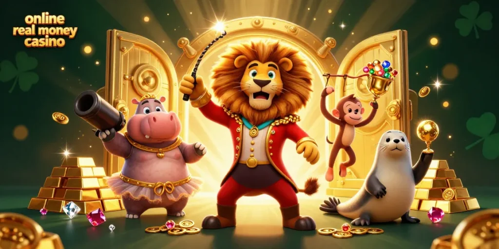 Experience the thrill of an online real money casino with vibrant characters and dynamic elements.